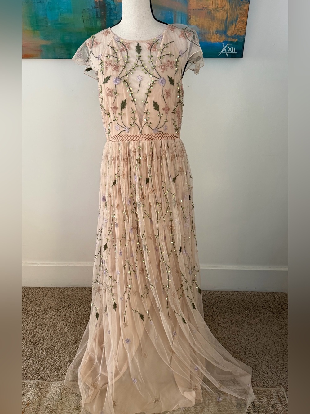 ASOS Gorgeous Beaded Sequins Embroidered Mesh Tulle Blush Pink Fairy Gown 6